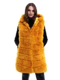 Kadın Kapşonlu Peluş Kürk Yelek Premium Kalite, Tam Astarlı, Uzun Model - Sarı