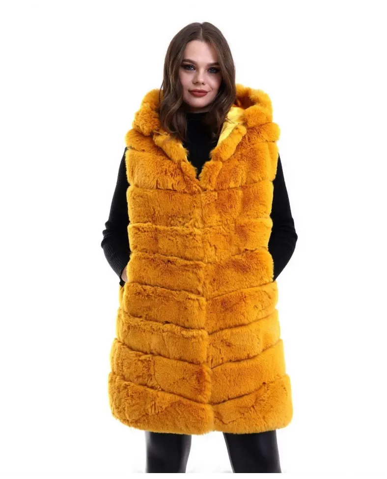 Kadın Kapşonlu Peluş Kürk Yelek Premium Kalite, Tam Astarlı, Uzun Model - Sarı