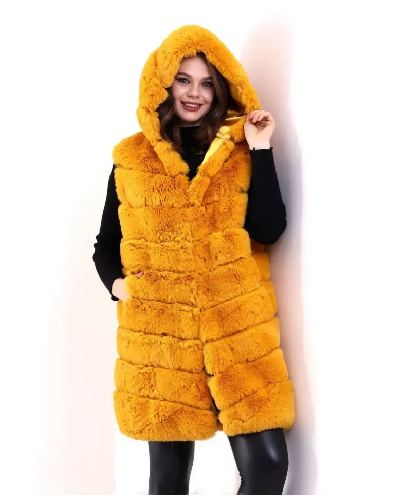 Kadın Kapşonlu Peluş Kürk Yelek Premium Kalite, Tam Astarlı, Uzun Model - Sarı