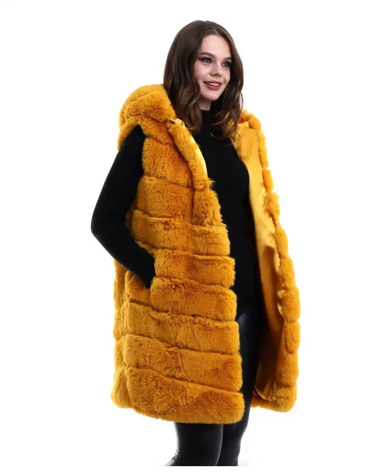 Kadın Kapşonlu Peluş Kürk Yelek Premium Kalite, Tam Astarlı, Uzun Model - Sarı