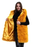 Kadın Kapşonlu Peluş Kürk Yelek Premium Kalite, Tam Astarlı, Uzun Model - Sarı