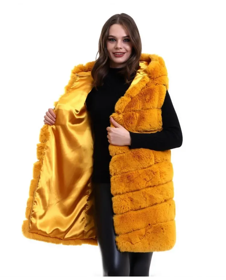 Kadın Kapşonlu Peluş Kürk Yelek Premium Kalite, Tam Astarlı, Uzun Model - Sarı