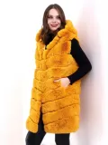 Kadın Kapşonlu Peluş Kürk Yelek Premium Kalite, Tam Astarlı, Uzun Model - Sarı
