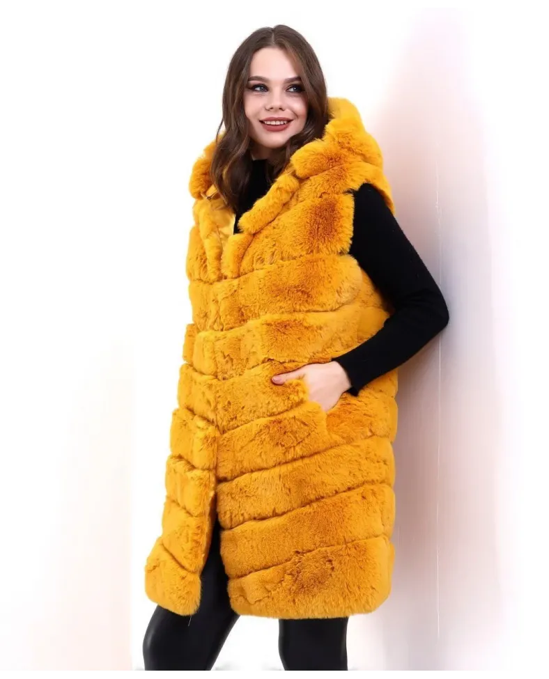 Kadın Kapşonlu Peluş Kürk Yelek Premium Kalite, Tam Astarlı, Uzun Model - Sarı