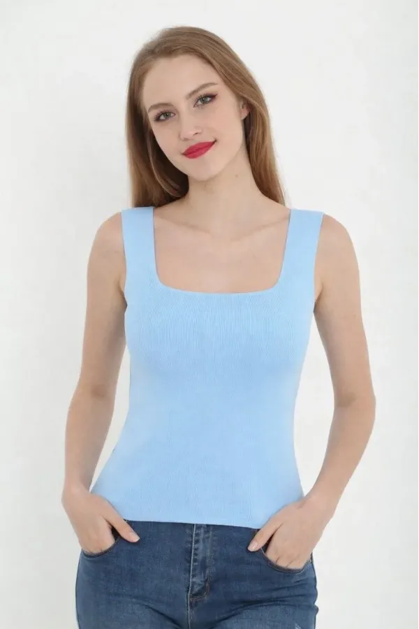 Kadın Kare Yaka Detay Crop - Mavi