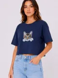 Kadın Kedi Baskılı Oversize Crop Tişört Salaş Basic Yarım Kol T-shirt - Lacivert