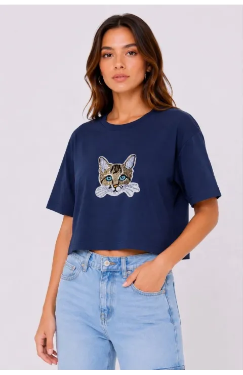 Kadın Kedi Baskılı Oversize Crop Tişört Salaş Basic Yarım Kol T-shirt - Lacivert