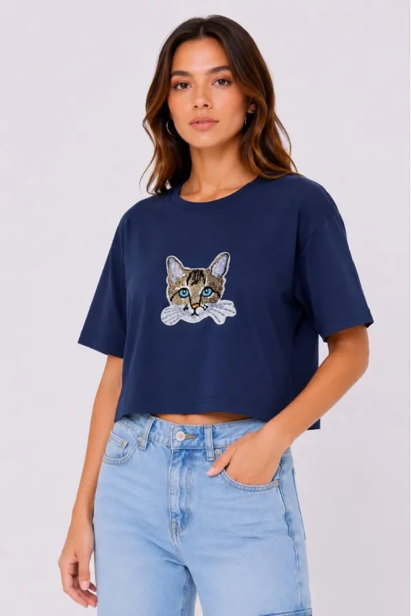Kadın Kedi Baskılı Oversize Crop Tişört Salaş Basic Yarım Kol T-shirt - Lacivert