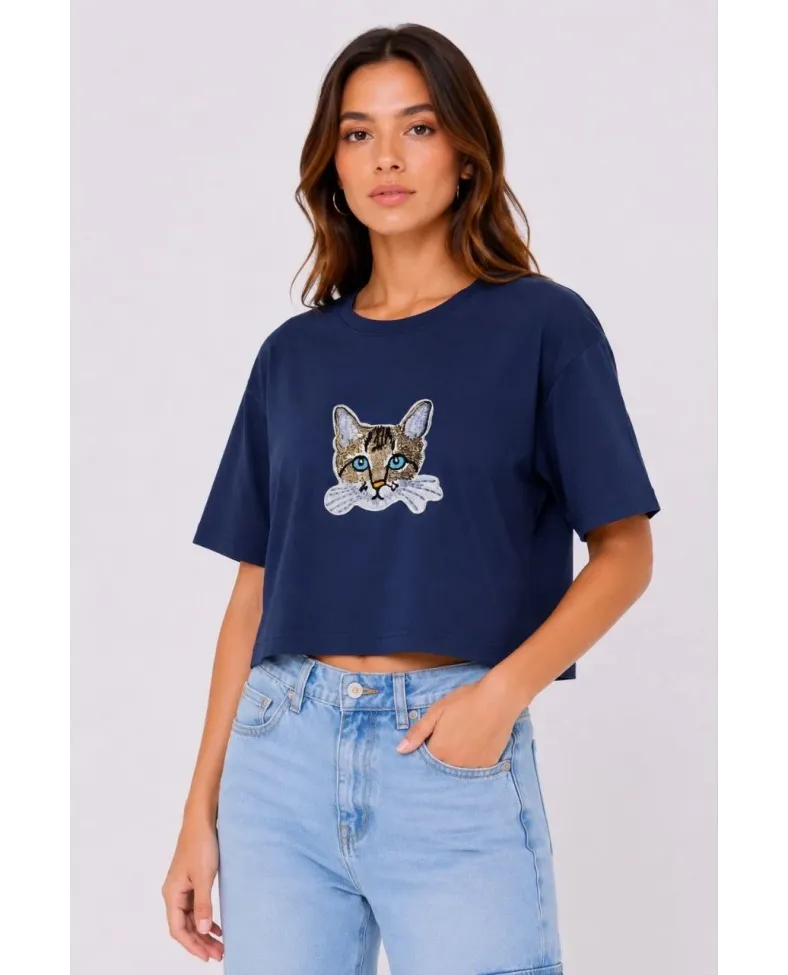 Kadın Kedi Baskılı Oversize Crop Tişört Salaş Basic Yarım Kol T-shirt - Lacivert