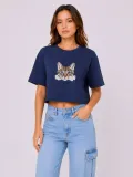Kadın Kedi Baskılı Oversize Crop Tişört Salaş Basic Yarım Kol T-shirt - Lacivert