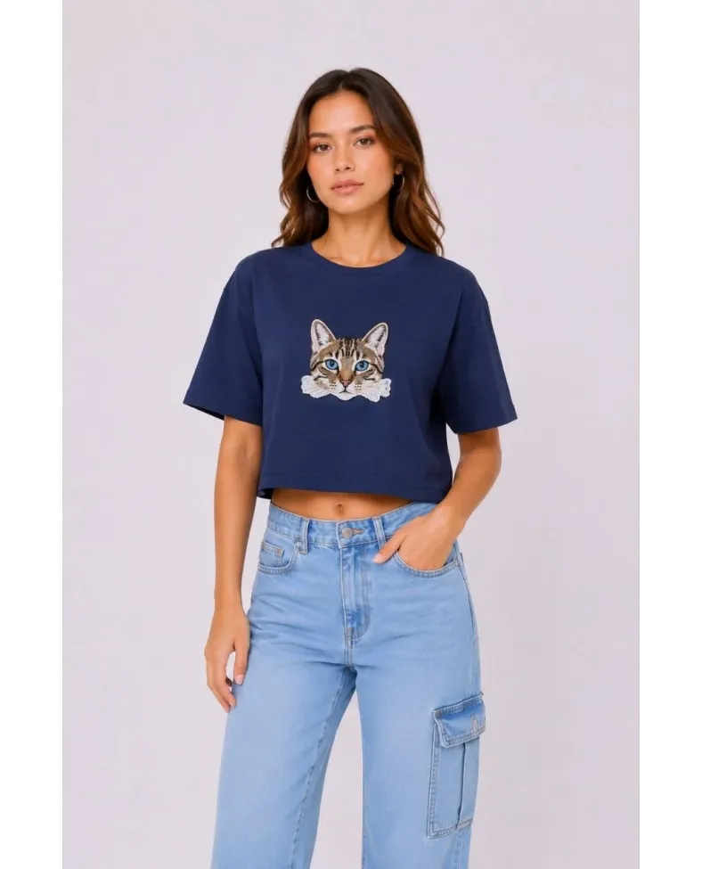 Kadın Kedi Baskılı Oversize Crop Tişört Salaş Basic Yarım Kol T-shirt - Lacivert