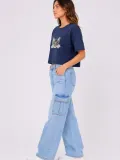 Kadın Kedi Baskılı Oversize Crop Tişört Salaş Basic Yarım Kol T-shirt - Lacivert