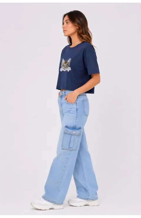 Kadın Kedi Baskılı Oversize Crop Tişört Salaş Basic Yarım Kol T-shirt - Lacivert