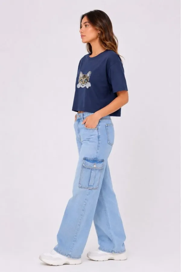Kadın Kedi Baskılı Oversize Crop Tişört Salaş Basic Yarım Kol T-shirt - Lacivert