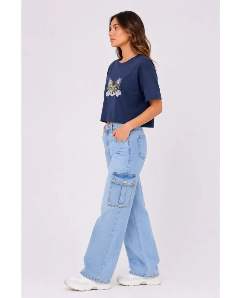 Kadın Kedi Baskılı Oversize Crop Tişört Salaş Basic Yarım Kol T-shirt - Lacivert