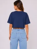 Kadın Kedi Baskılı Oversize Crop Tişört Salaş Basic Yarım Kol T-shirt - Lacivert