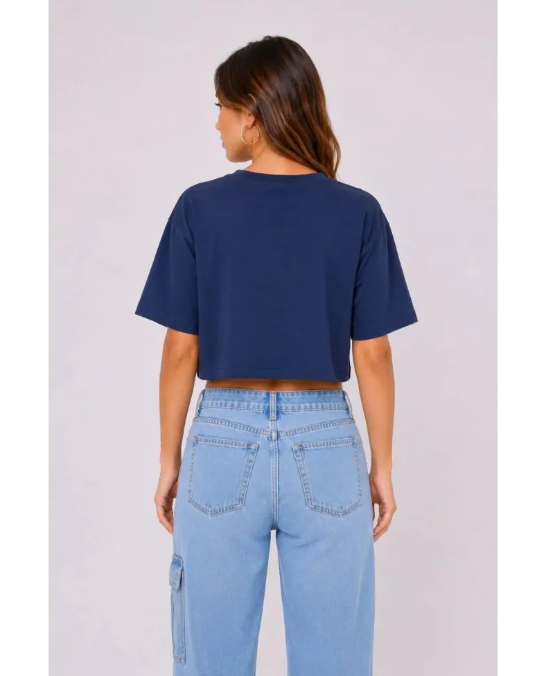 Kadın Kedi Baskılı Oversize Crop Tişört Salaş Basic Yarım Kol T-shirt - Lacivert