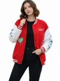 Kadın Kırmızı Varsity Çıtçıtlı Baskılı Oversize kalıp Kolej Ceket - Kırmızı