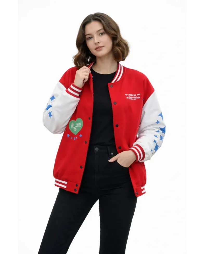Kadın Kırmızı Varsity Çıtçıtlı Baskılı Oversize kalıp Kolej Ceket - Kırmızı