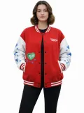 Kadın Kırmızı Varsity Çıtçıtlı Baskılı Oversize kalıp Kolej Ceket - Kırmızı