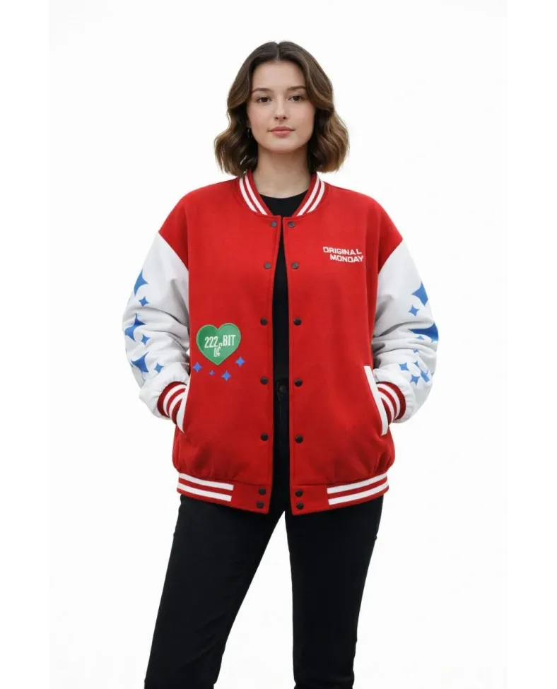 Kadın Kırmızı Varsity Çıtçıtlı Baskılı Oversize kalıp Kolej Ceket - Kırmızı