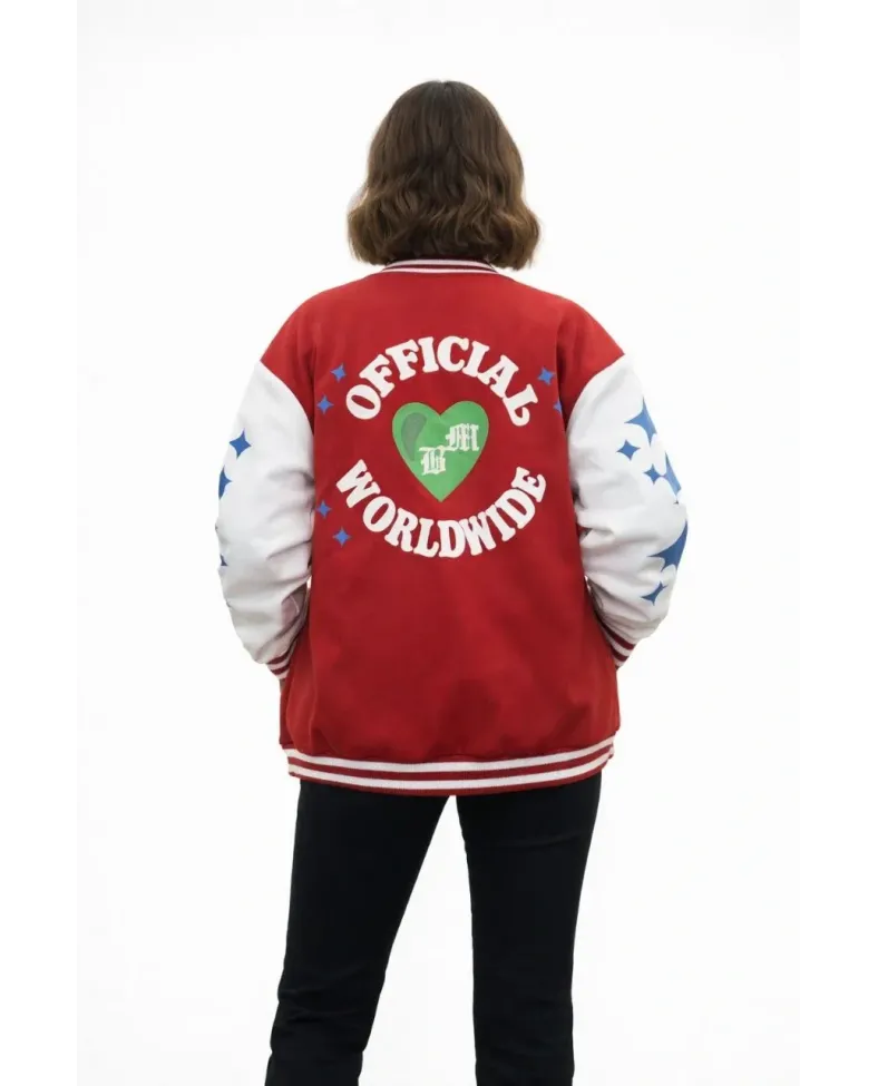 Kadın Kırmızı Varsity Çıtçıtlı Baskılı Oversize kalıp Kolej Ceket - Kırmızı