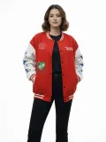 Kadın Kırmızı Varsity Çıtçıtlı Baskılı Oversize kalıp Kolej Ceket - Kırmızı