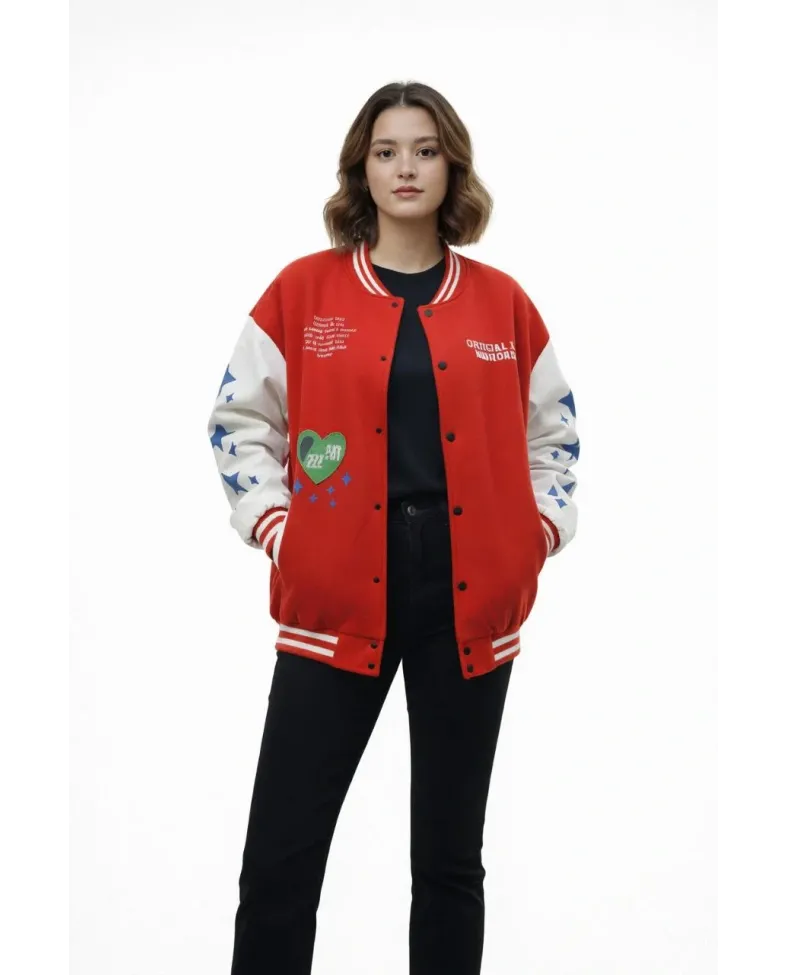 Kadın Kırmızı Varsity Çıtçıtlı Baskılı Oversize kalıp Kolej Ceket - Kırmızı