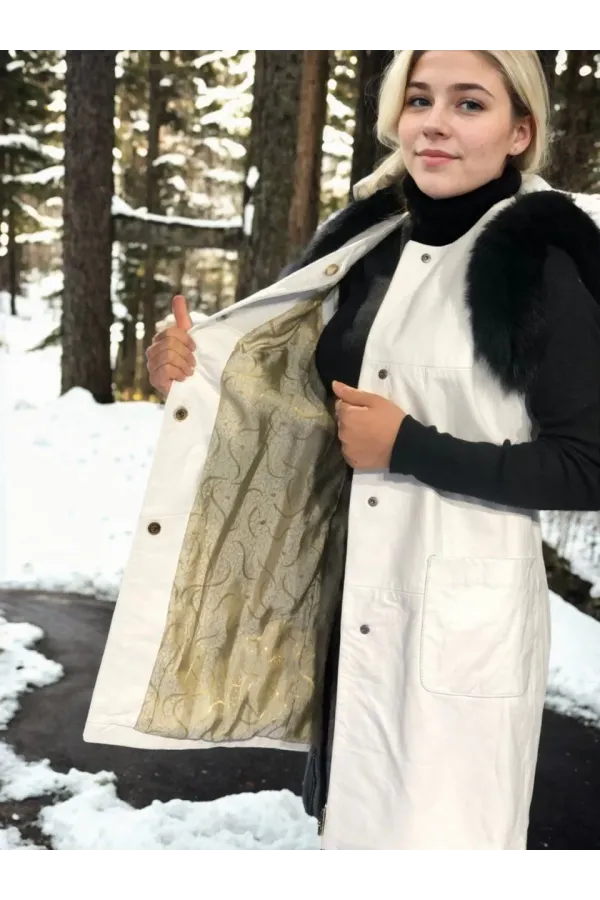 Kadın Kolsuz Hakiki Deri Kürk - Beyaz