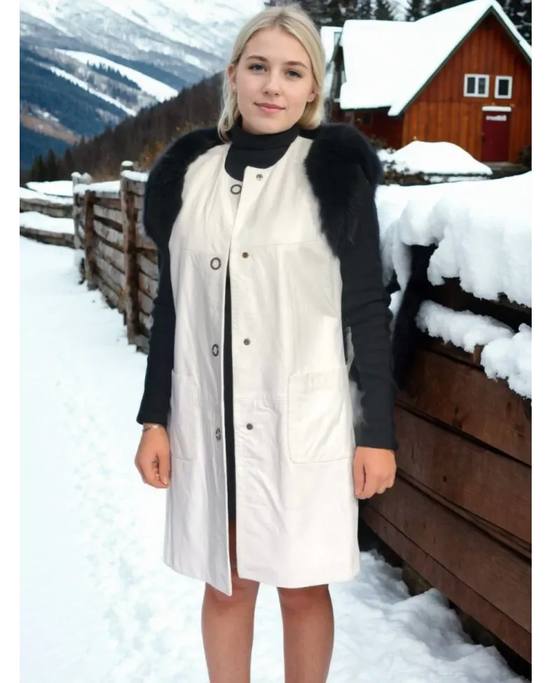 Kadın Kolsuz Hakiki Deri Kürk - Beyaz