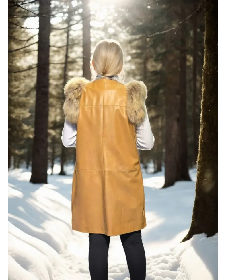 Kadın Kolsuz Hakiki Deri Kürk - Hardal