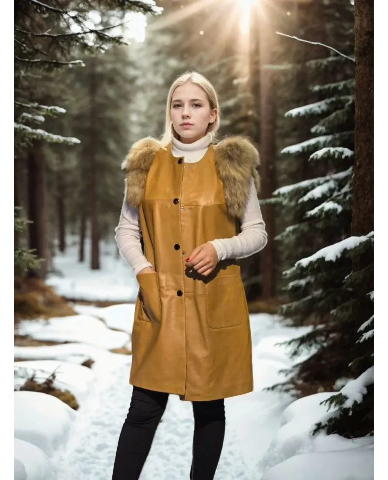 Kadın Kolsuz Hakiki Deri Kürk - Hardal