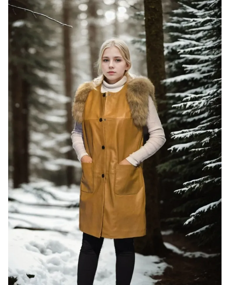 Kadın Kolsuz Hakiki Deri Kürk - Hardal