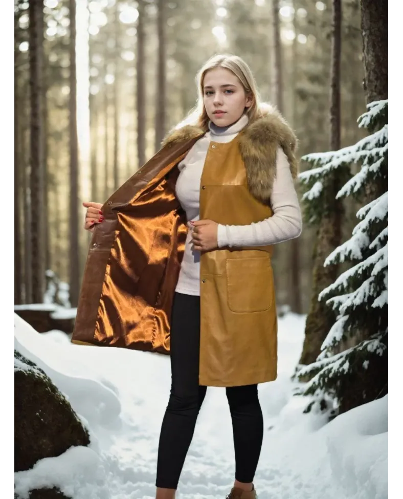 Kadın Kolsuz Hakiki Deri Kürk - Hardal