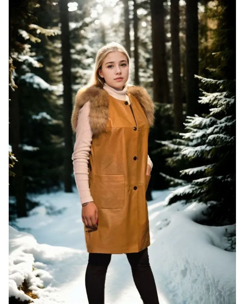 Kadın Kolsuz Hakiki Deri Kürk - Hardal