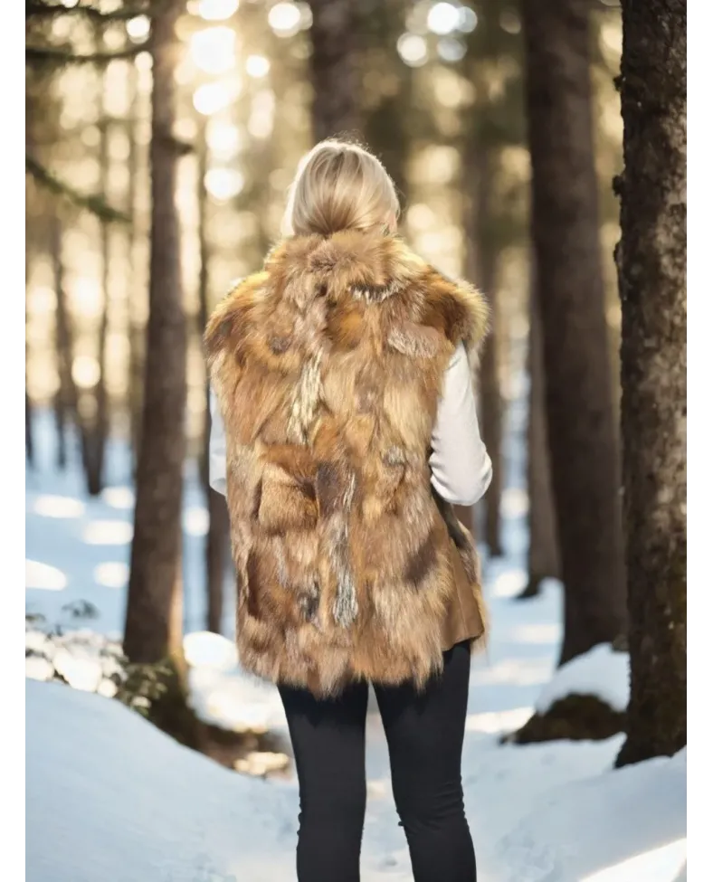 Kadın Kolsuz Hakiki Deri Kürk - Kahve