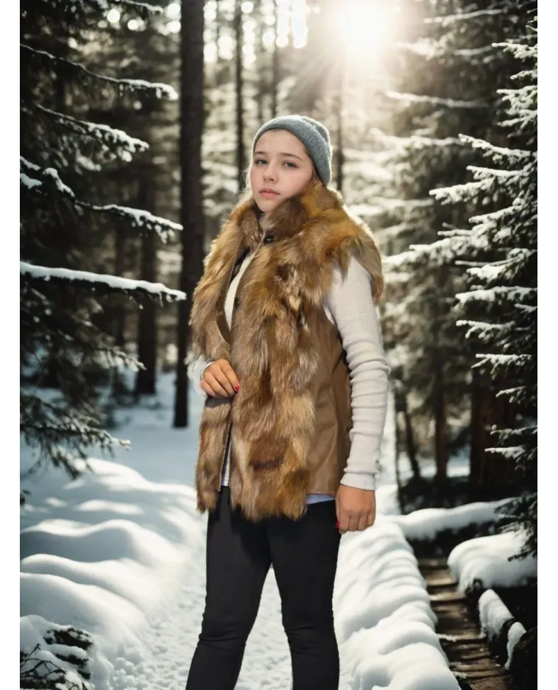 Kadın Kolsuz Hakiki Deri Kürk - Kahve