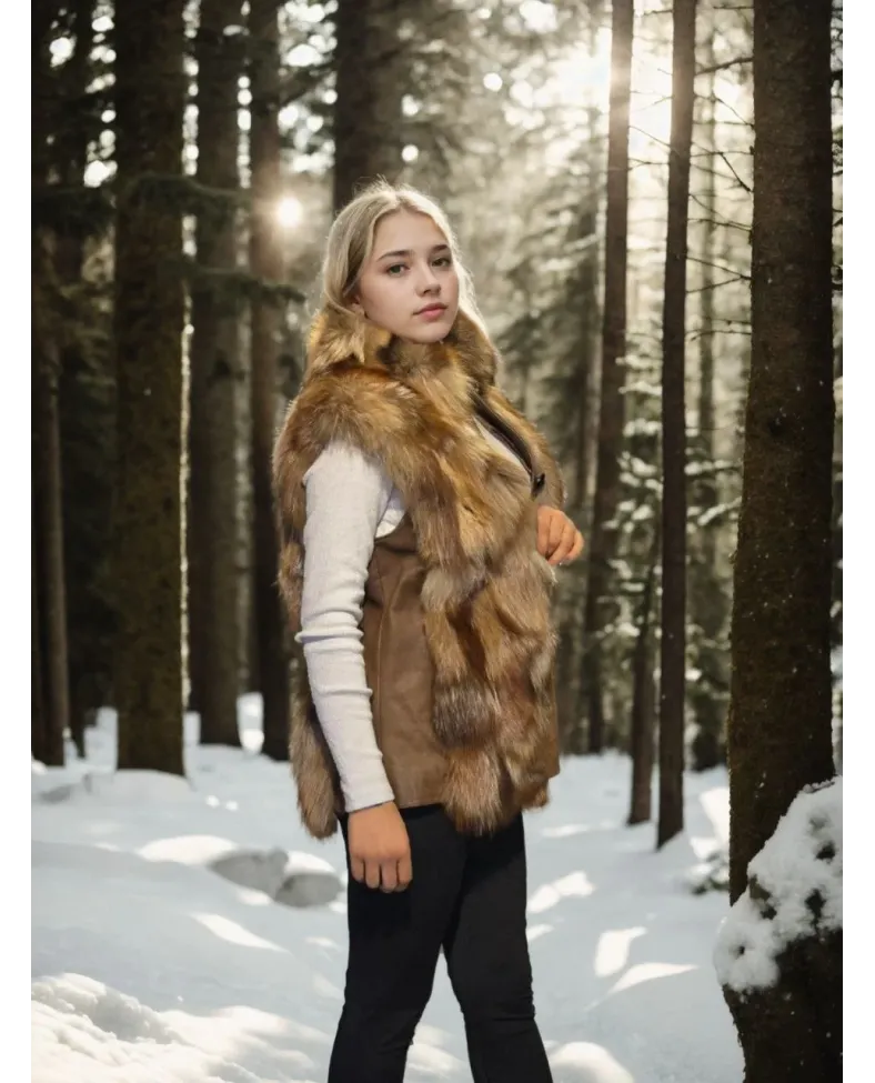 Kadın Kolsuz Hakiki Deri Kürk - Kahve