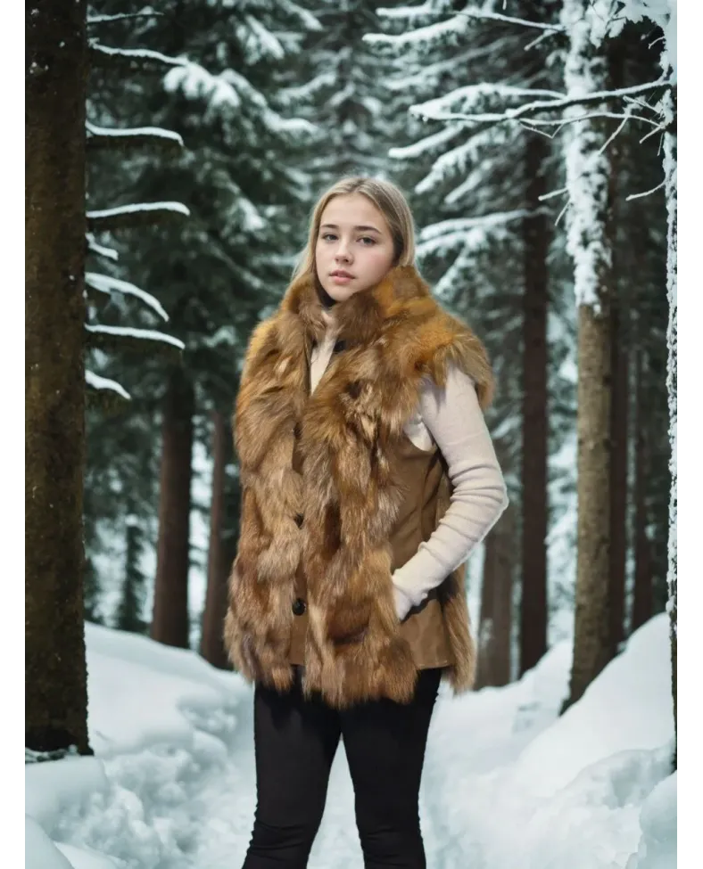 Kadın Kolsuz Hakiki Deri Kürk - Kahve