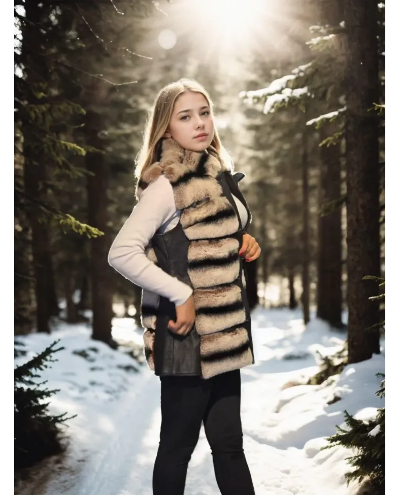 Kadın Kolsuz Hakiki Deri Kürk - Siyah