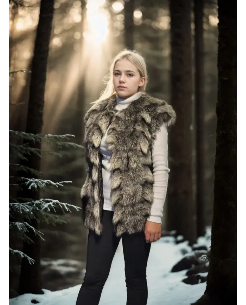 Kadın Kolsuz Hakiki Deri Kürk - Siyah