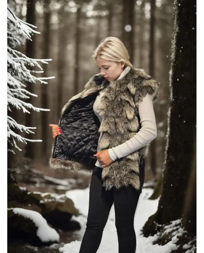 Kadın Kolsuz Hakiki Deri Kürk - Siyah