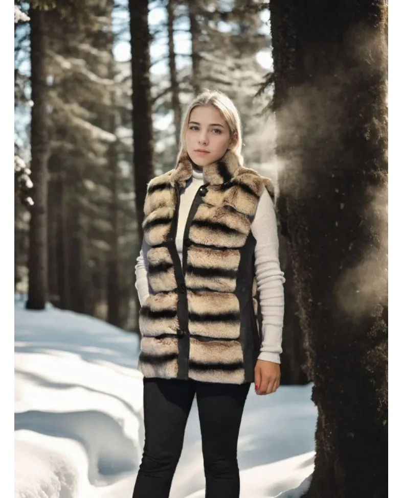 Kadın Kolsuz Hakiki Deri Kürk - Siyah