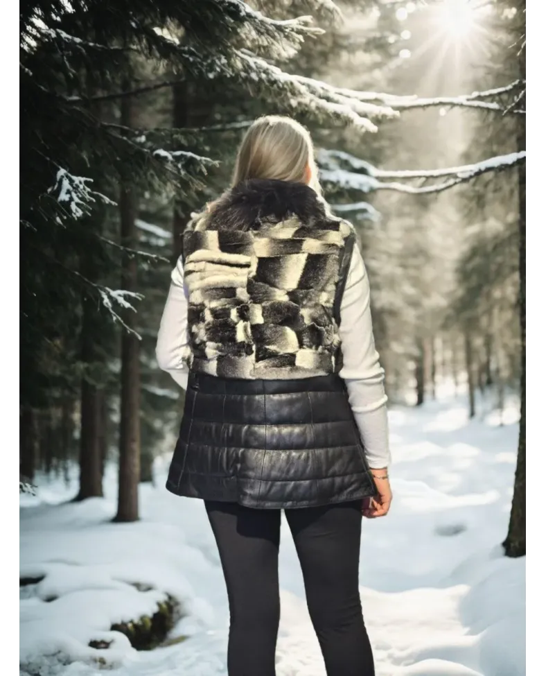 Kadın Kolsuz Hakiki Deri Kürk - Siyah