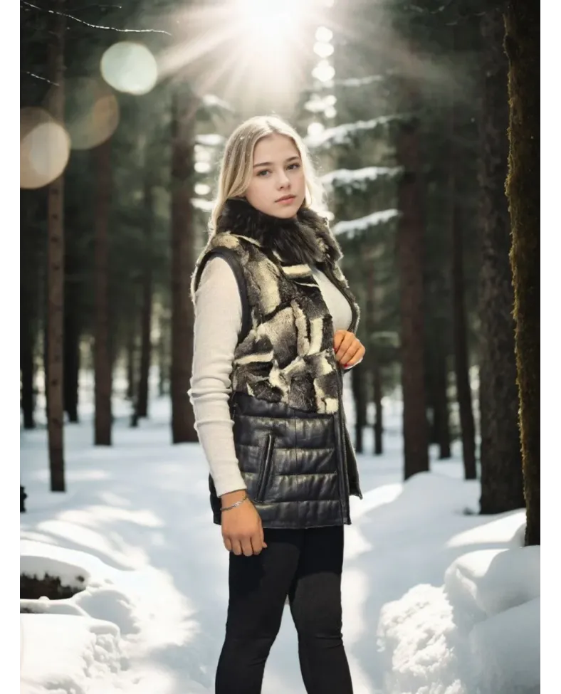 Kadın Kolsuz Hakiki Deri Kürk - Siyah