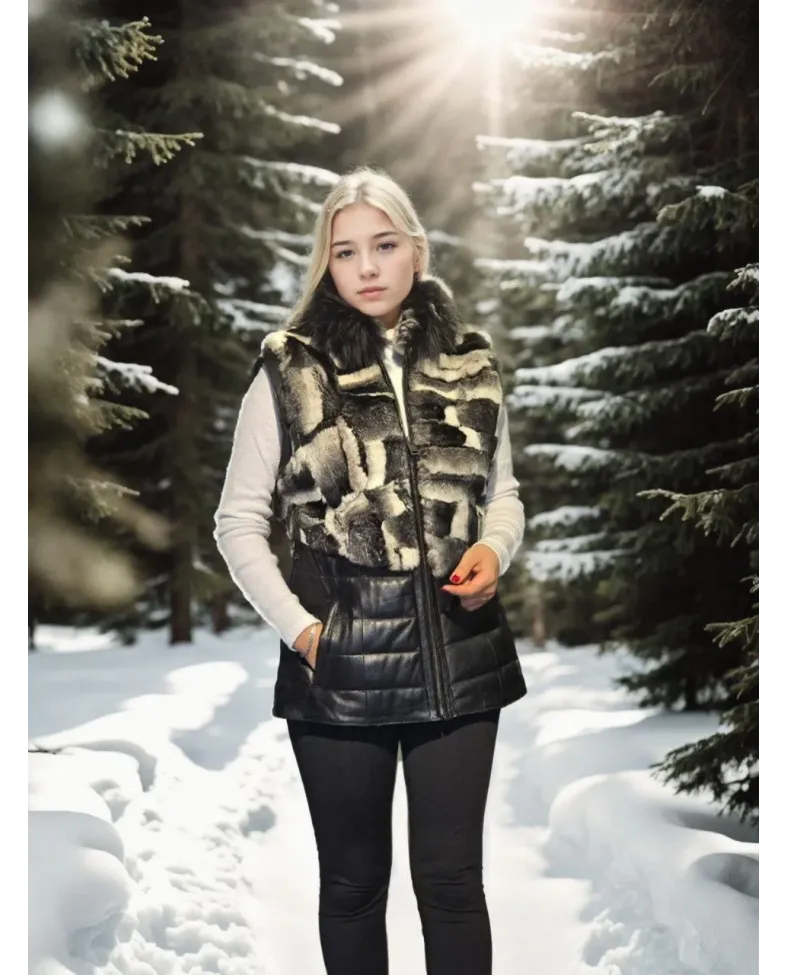 Kadın Kolsuz Hakiki Deri Kürk - Siyah