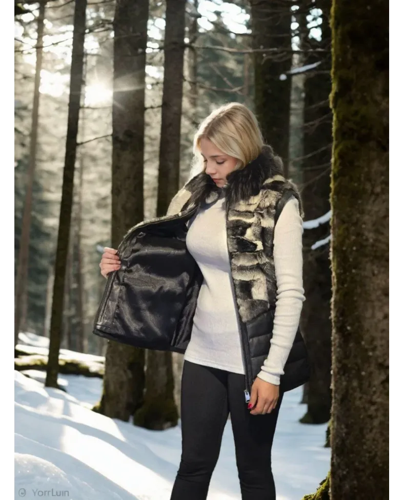 Kadın Kolsuz Hakiki Deri Kürk - Siyah