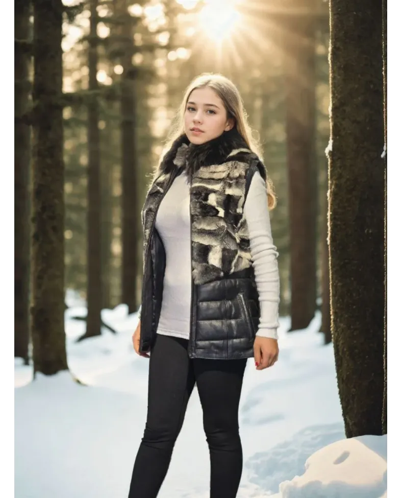 Kadın Kolsuz Hakiki Deri Kürk - Siyah