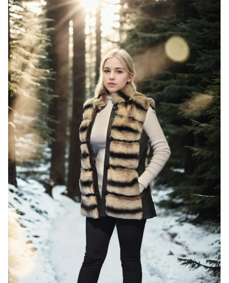 Kadın Kolsuz Hakiki Deri Kürk - Siyah