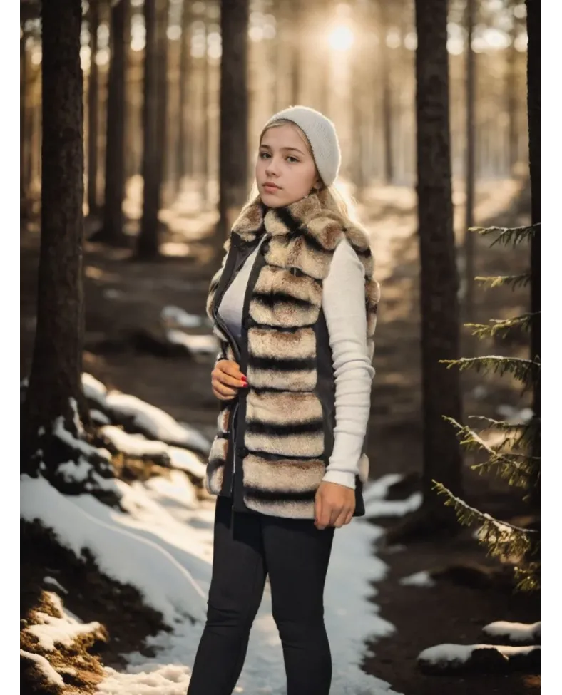 Kadın Kolsuz Hakiki Deri Kürk - Siyah